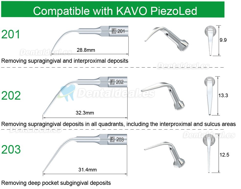 5Pcs Puntas de ultrasonido 201 202 203 compatible con KAVO PiezoLed Pieza de Mano Ultrasonidos