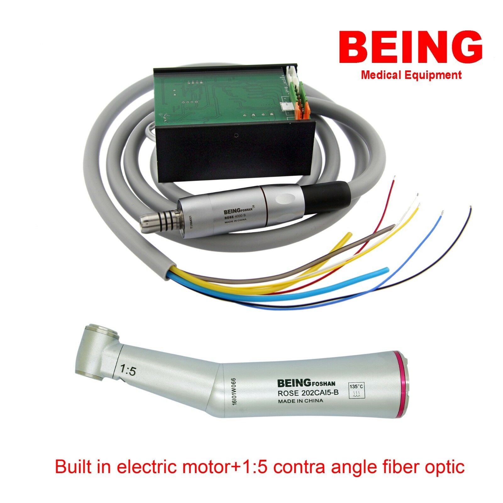 BEING Dental Motor eléctrico incorporado LED + 1: 5 fibra óptica contra ángulo