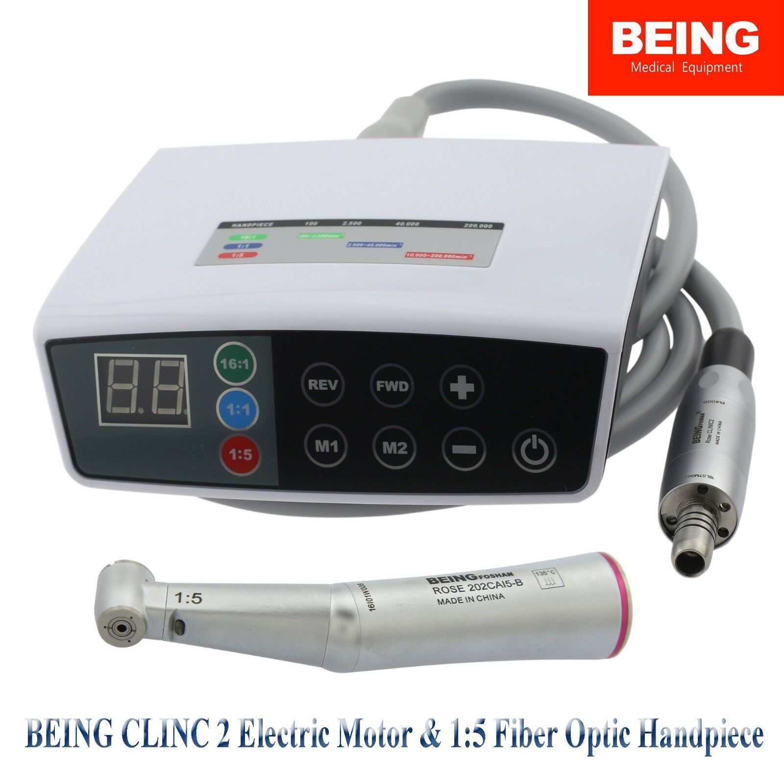BEING CLINC2 Micro motor eléctrico dental sin escobillas + Contra-ángulo 1: 5 Fibra óptica 202CAI5-B