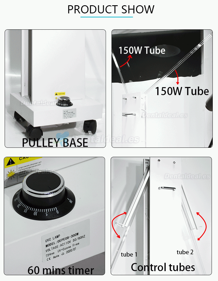 300W Alta potencia móvil UVC desinfección Lampe UV luz ultravioleta carro esterilizador con sensores de radar