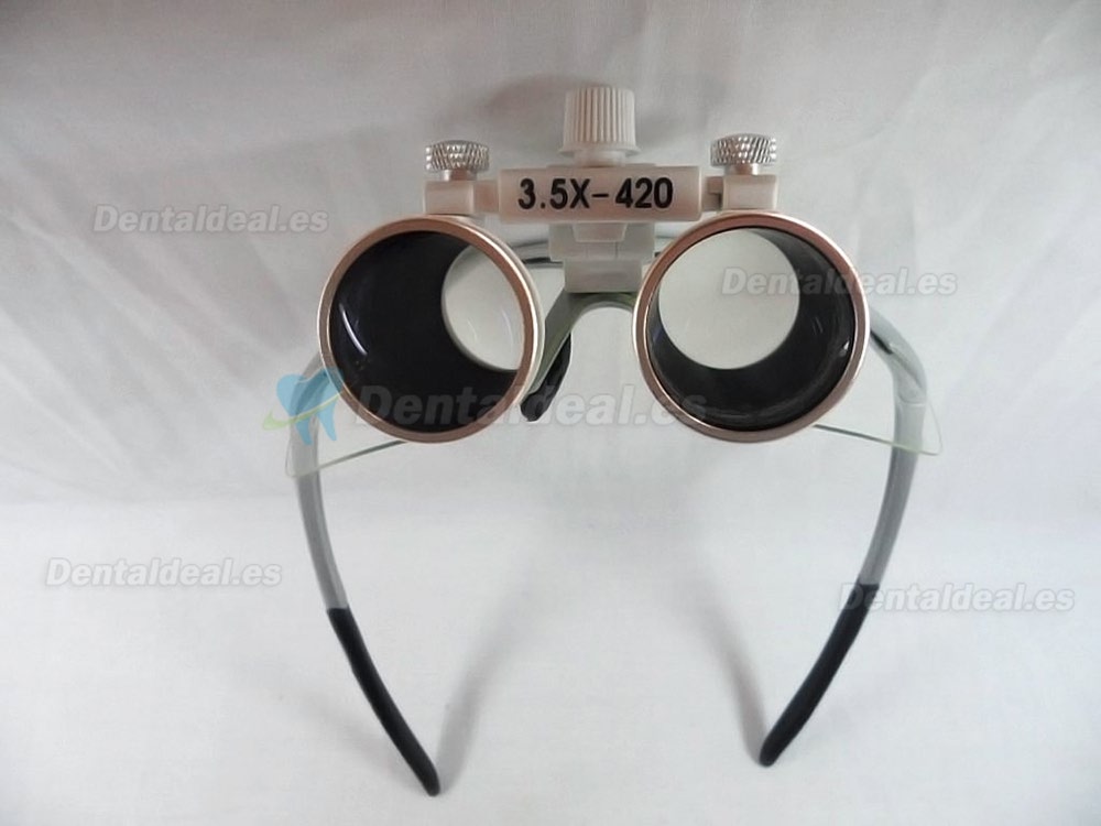 Lupas binoculares quirúrgicas de gran calidad con luz frontal 3.5 x 420 mm montura de color plateado