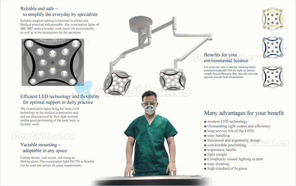 JD1700 Lámpara cialítica odontologico de pared lámpara de quirófano dental de pared sin sombras doble cabeza