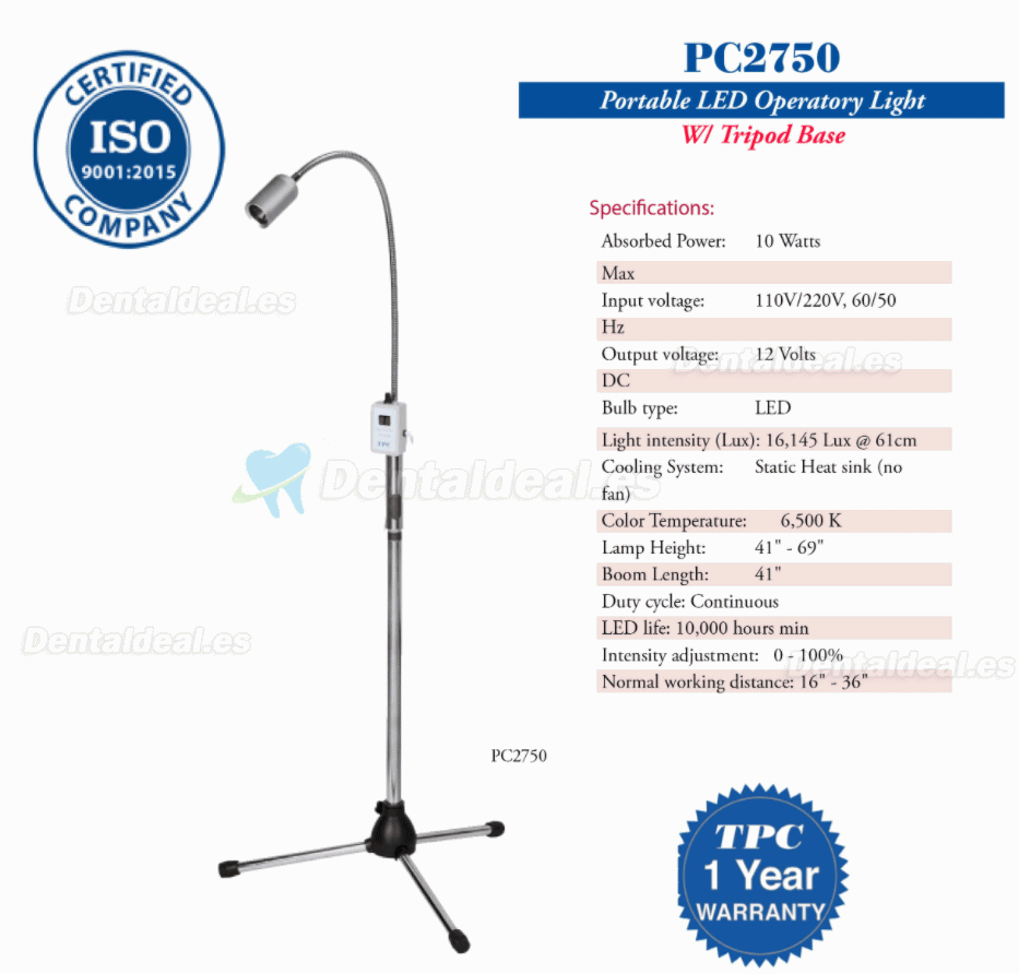 TPC PC2750 Luz quirúrgica LED dental portátil con base de trípode