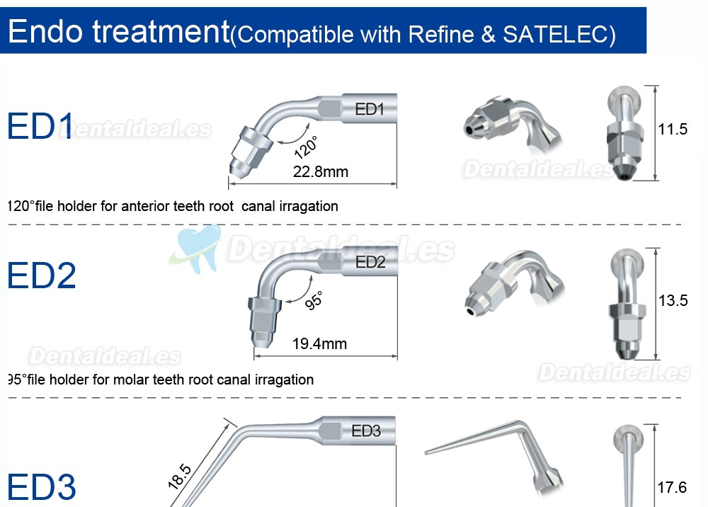 Refine Puntas de ultrasonido endodoncia ED1 ED2 ED3 ED4 ED5 ED6 ED7 ED8 ED9 ED10 ED11 ED14 ED15 compatible con SATELEC NSK DTE