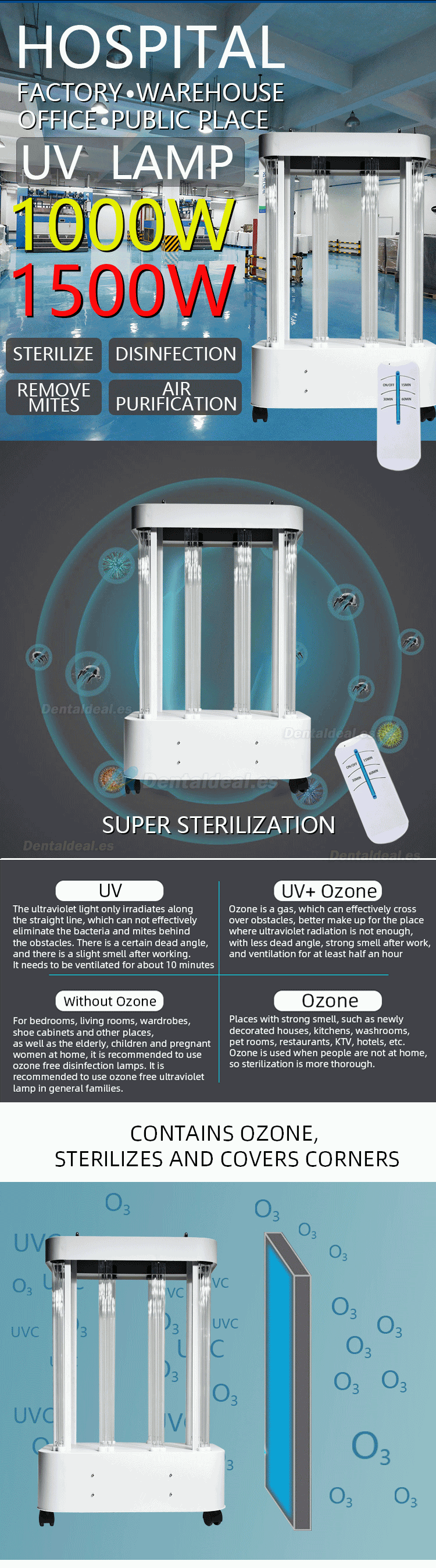 1500W Gran espacio lámpara de desinfección de habitaciones UV Esterilizador de luz UVC móvil con sensores de radar