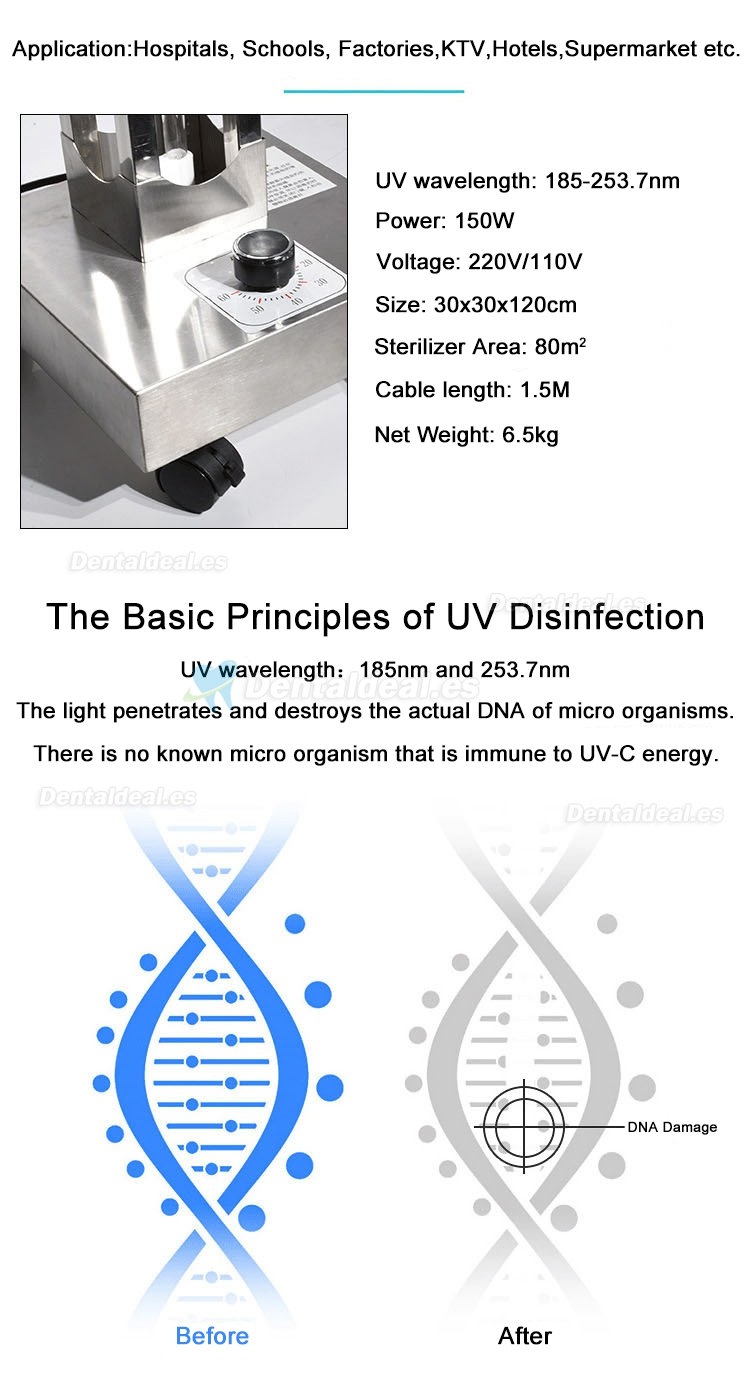 150W UV + Ozono Carro de Desinfección móvil Lámpara UVC Lámpara de Esterilización Lámpara Germicida Ultravioleta