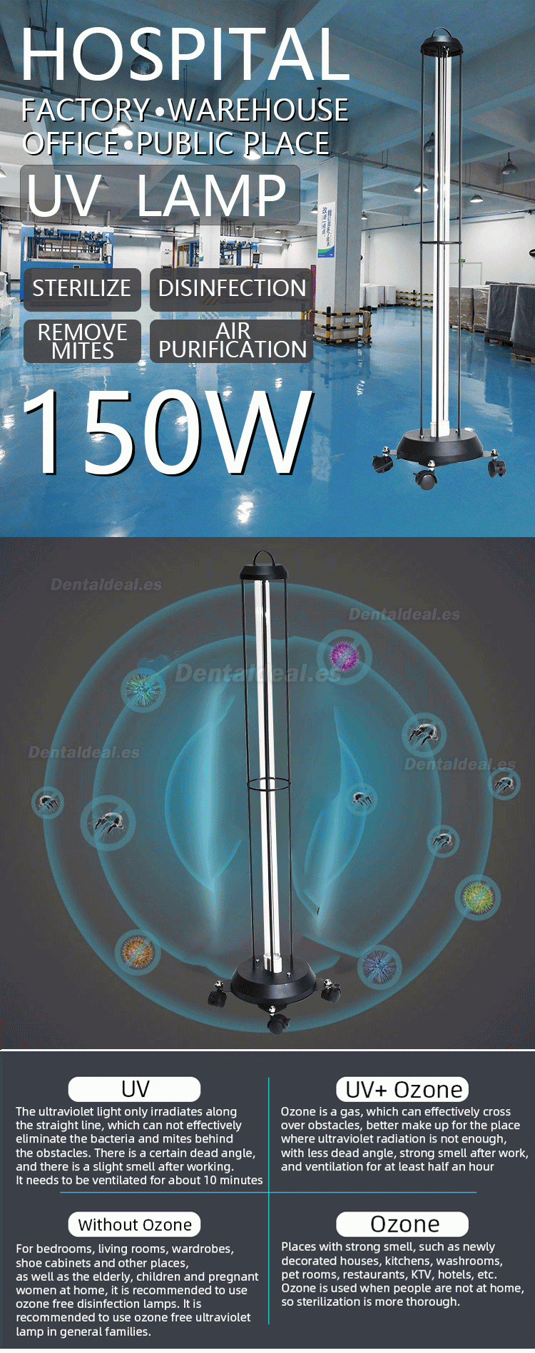 150W Desinfectante de luz UV comercial Carro de carro ultravioleta Lámpara germicida Esterilizador de habitación con luz UVC con sensores de radar