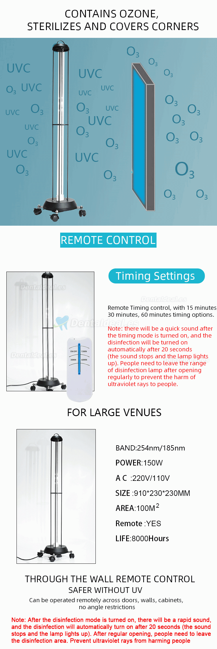 150W Desinfectante de luz UV comercial Carro de carro ultravioleta Lámpara germicida Esterilizador de habitación con luz UVC con sensores de radar