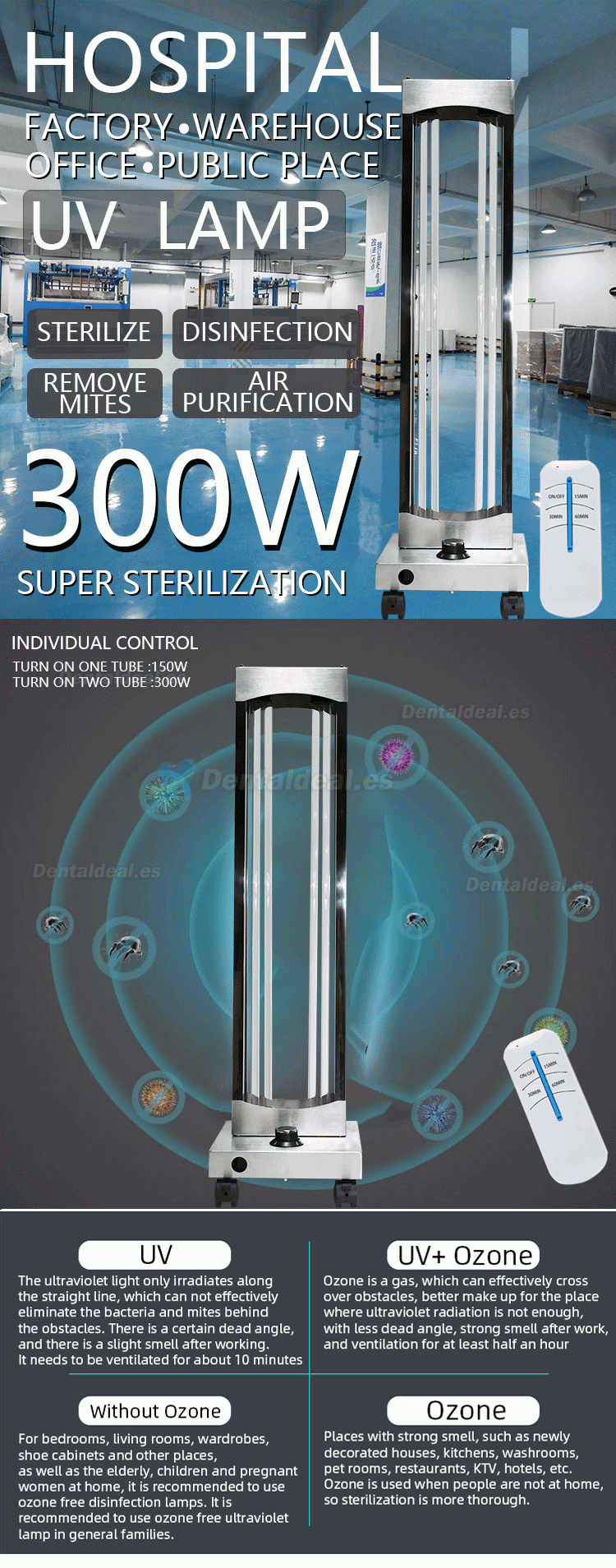 300W Esterilizador de ozono UV profesional Rueda Lámpara germicida Esterilización de luz UVC Desinfección Carro de luz UV Acero inoxidable con sensores de radar