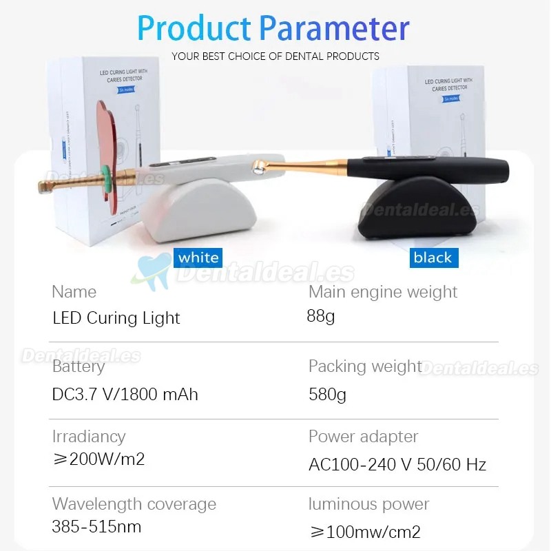 Lámpara de polimerización inalámbrica LED dental de 1 segundo con detección de caries 6 modos 1800MW/CM2