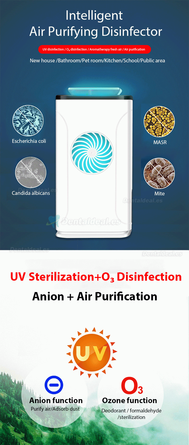 Esterilizador de ozono UV de escritorio Purificador de aire Limpiador de iones negativos de oficina Filtro HEPA inteligente Limpiador de aire