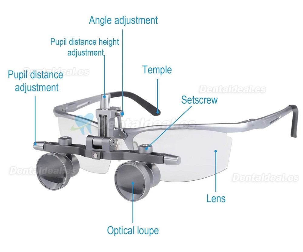 DY-118 Lupa Dental 2.5X 450 mm Ajuste Distancia Pupilar Montura Aluminio